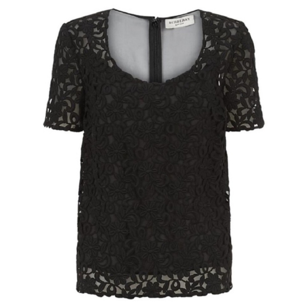 Burberry London Black Floral Embroidered Sheer Silk Organza Blouse US Size 8